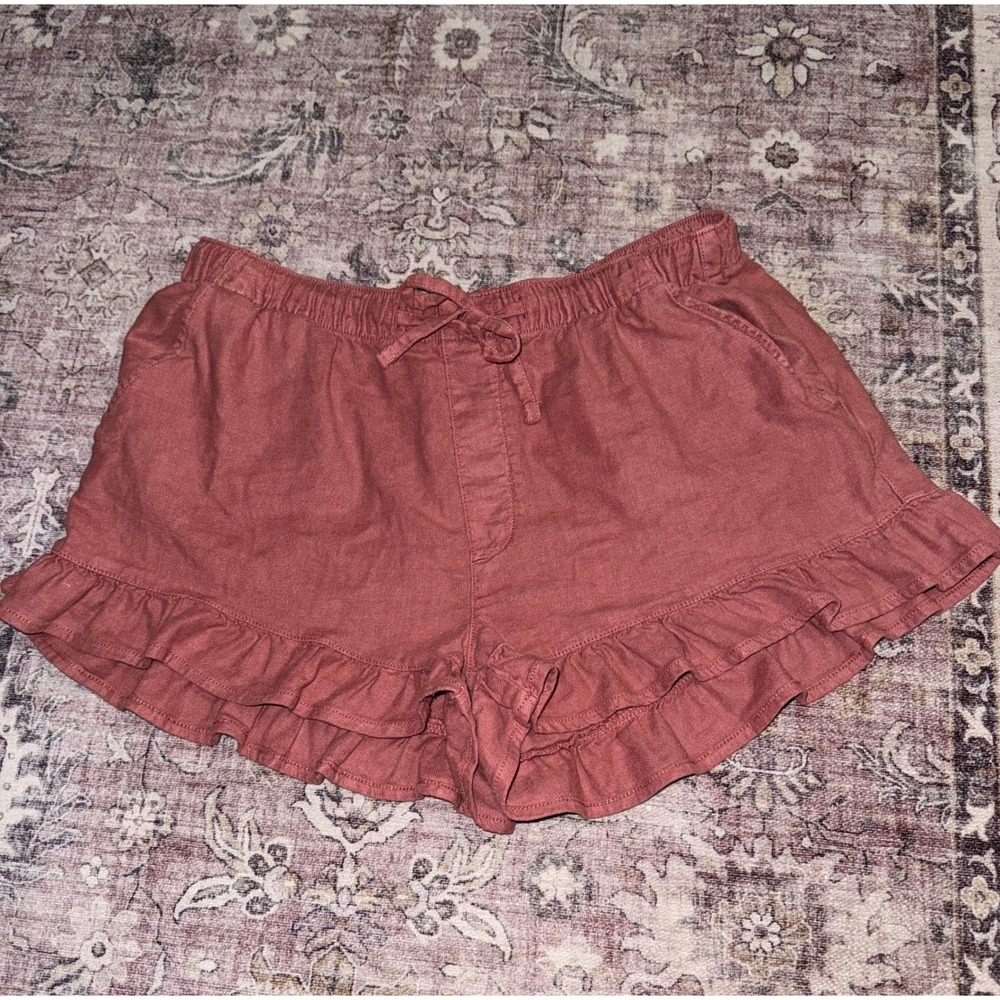 American Eagle Linen Blend Ruffle Hem Shorts Rose Pink Medium Drawstring Stretch